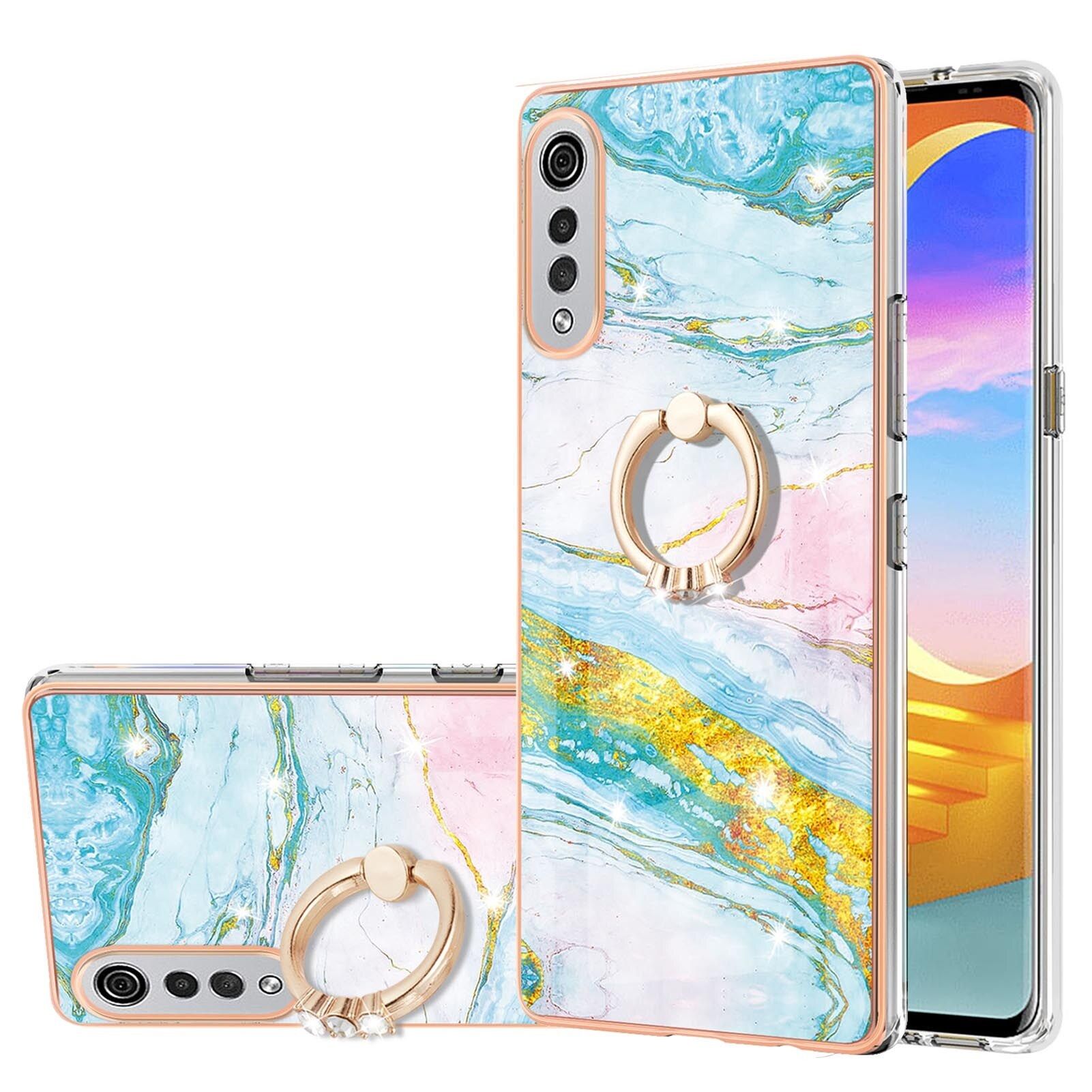 Case for LG Velvet 5G Marble Pattern Hybrid Hard Back Soft TPU Bumper Case Cover with Ring Holder Stand