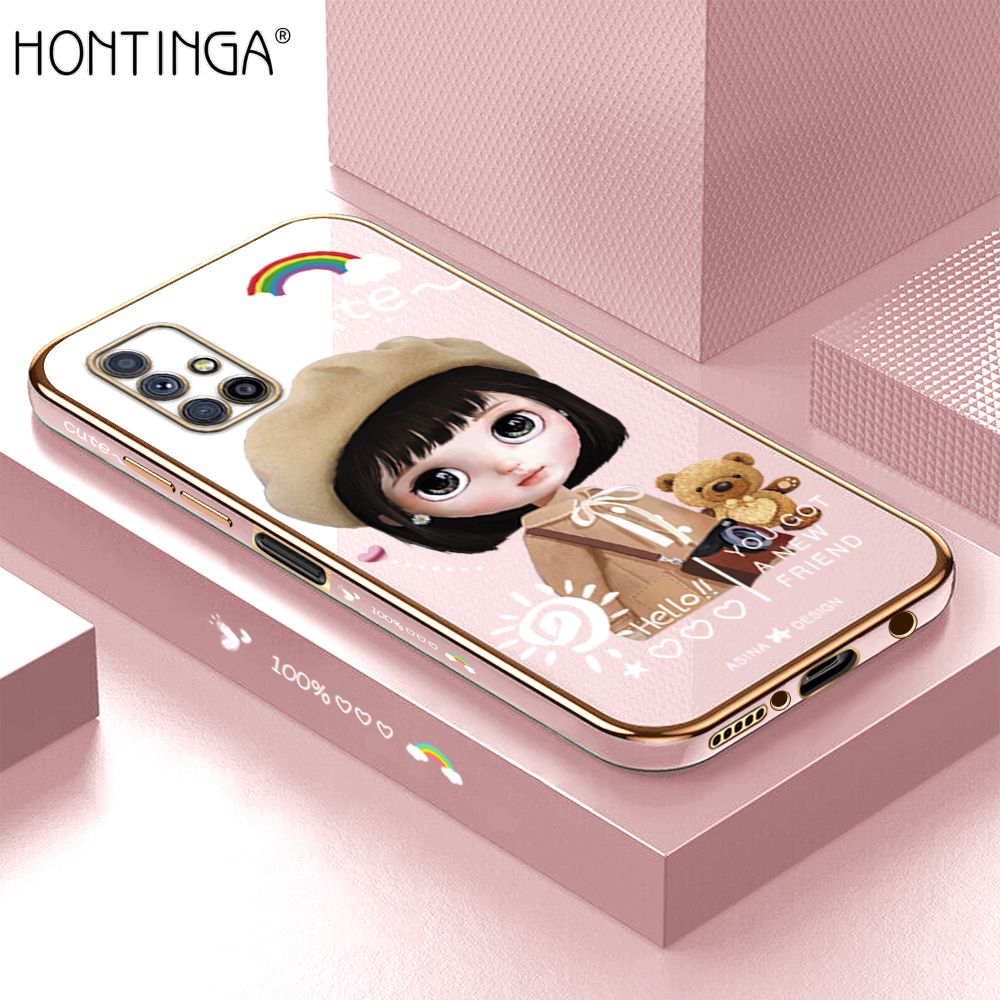 Hontinga for Samsung M51 Back Cover + Free Lanyard Luxury 6D Plating Cute Satchel Girl Side Pattern Case Soft Silicone Square Mobile Cover
