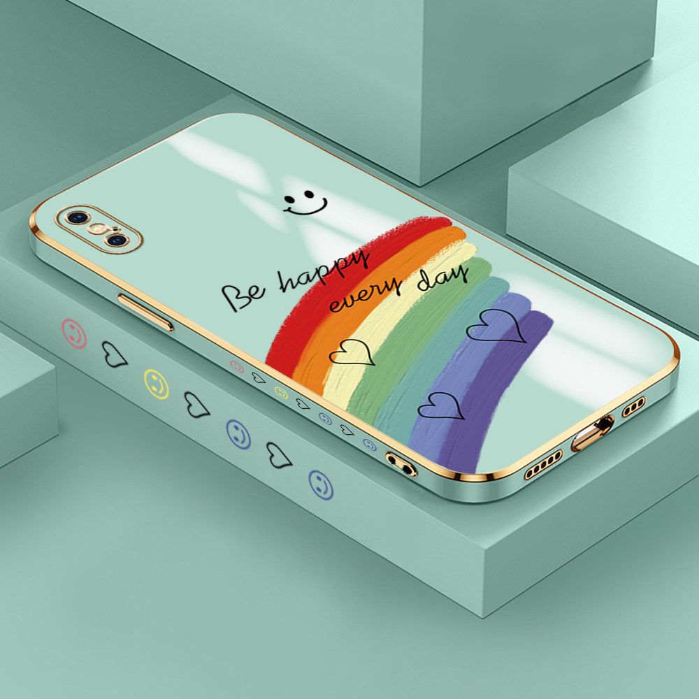 Jizetin (Free Lanyard) iPhone XS Case Rainbow Doodle Luxury 6D Plating Soft Casing Silicone Ultra Thin Phone Cover