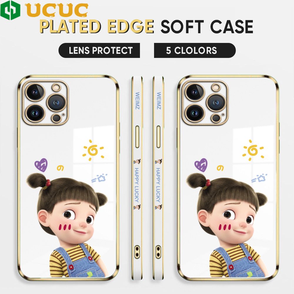 UCUC for iPhone 12 Pro Back Cover + Free Lanyard Lovely Girl Luxury 6D Plating Case Side Pattern Soft Silicone Square Phone Cases
