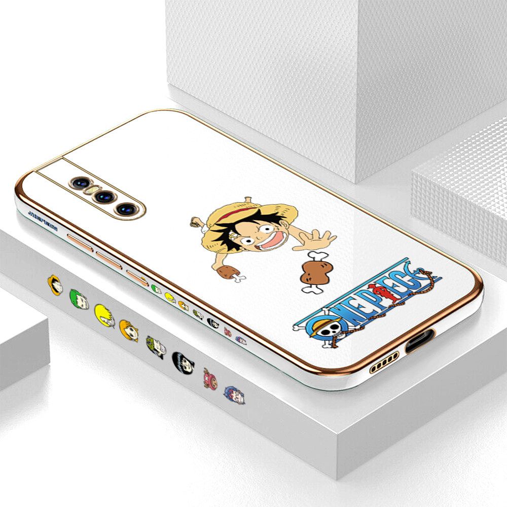 Luxury 6D Plating Case for Vivo V15 Pro Gluttonous Cartoon Luffy Side Pattern Back Cover Soft Silicone Square Frame Shiny Bling Phone Cases + Free Lanyard