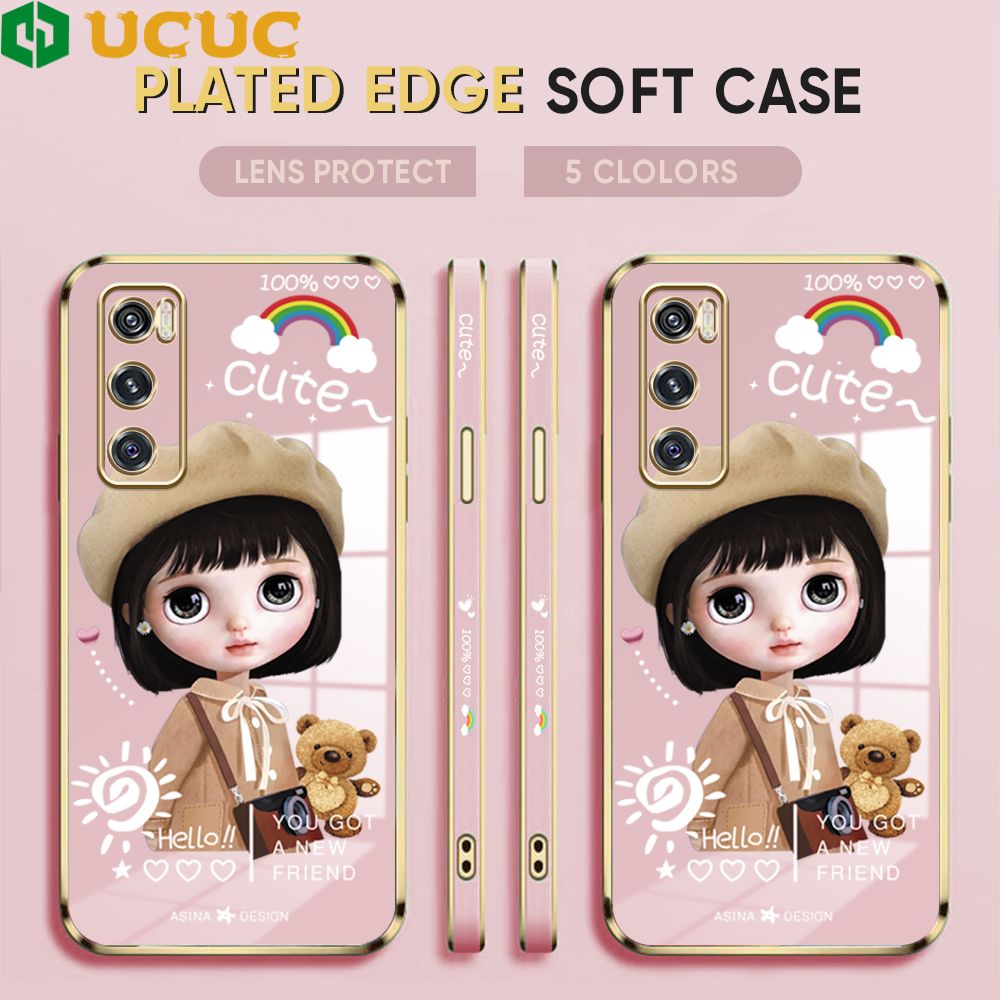 UCUC for Vivo V20 SE Back Cover + Free Lanyard Sunshine Girl Luxury 6D Plating Case Side Pattern Soft Silicone Square Phone Cases