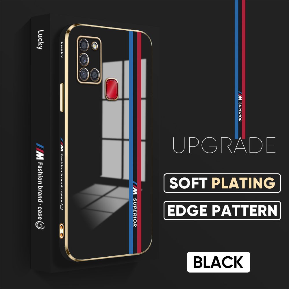 Jizetin (Free Lanyard) Samsung A21S Back Cover Car Track Luxury 6D Plating Case Side Pattern Soft Silicone Square Mobile Phone Cases