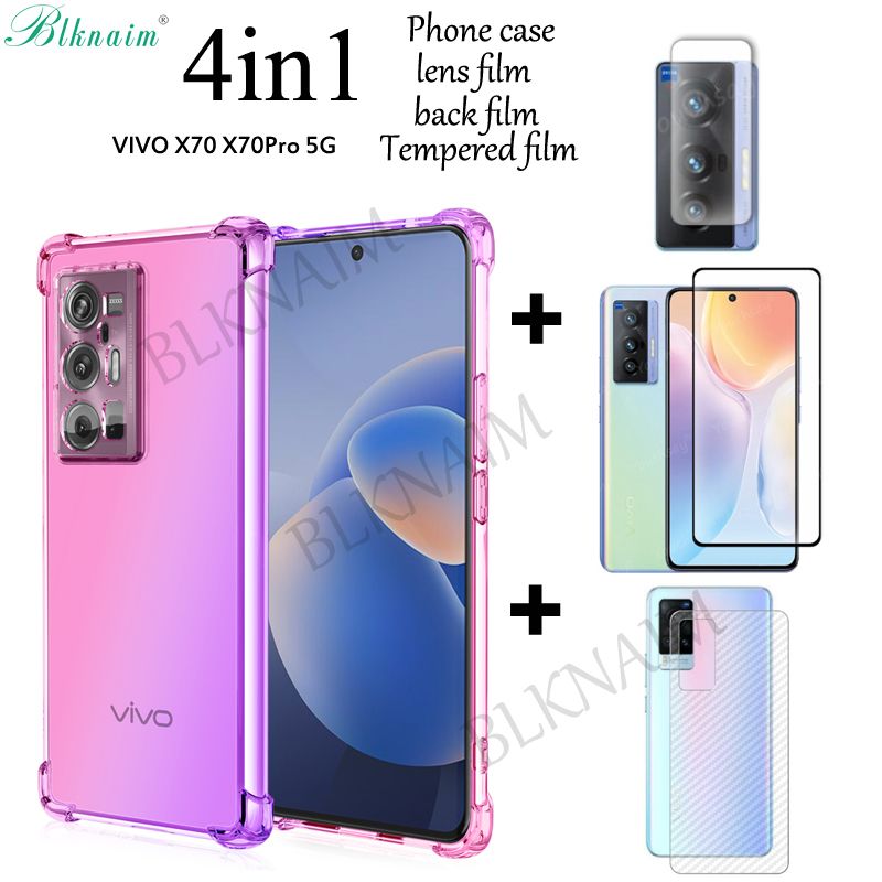 BLKNAIM (4-in-1) For VIVO X70 5G Case Anti-fall Color Mobile Phone + Full Screen Tempered Glass Film + Carbon Fiber Back Film + Film