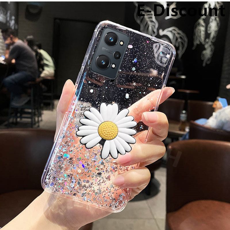 For Realme C31 Transparent Bling Glitter Cases Soft Clear Shining Sequin Case with Daisy Flowers Folding Realme C31 Back Cover
