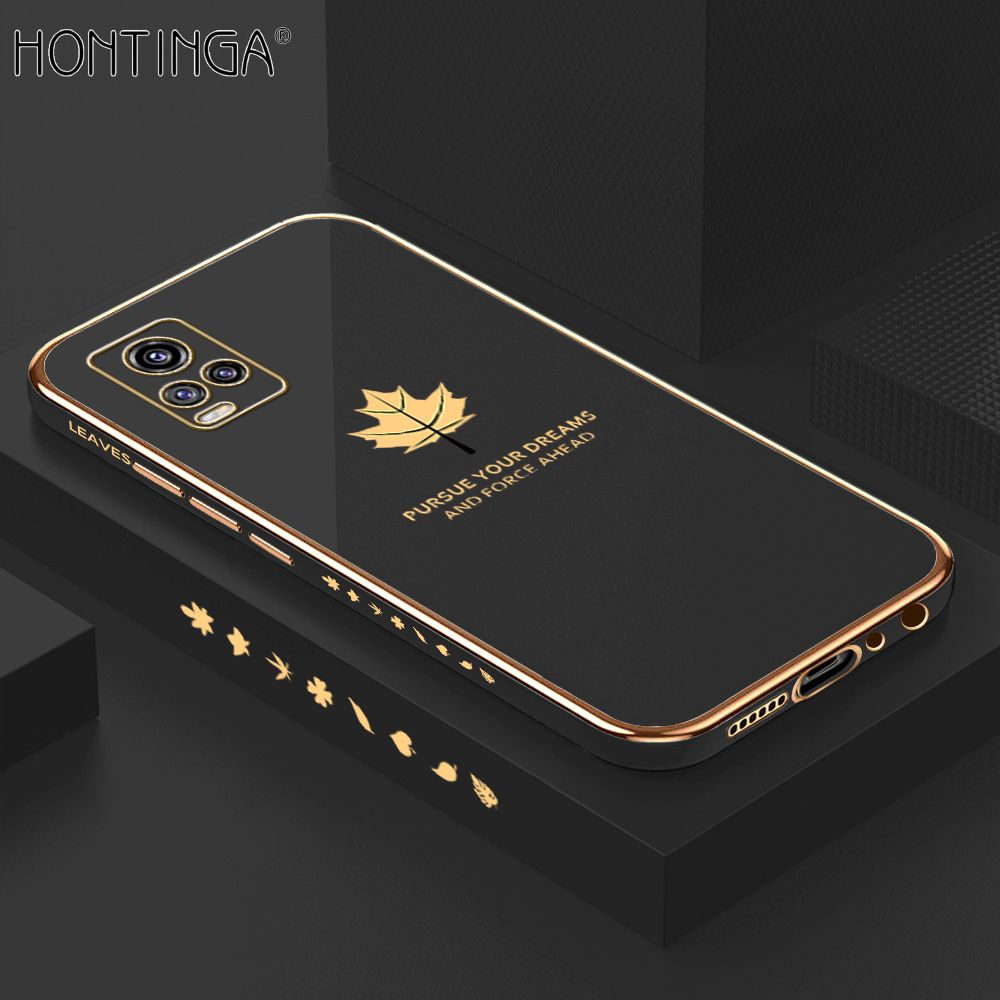 Hontinga for Vivo V20 / V20 2021 Back Cover + Free Lanyard Luxury 6D Plating Shiny Maple leaf Phone Case Soft Silicone Square Mobile Cover