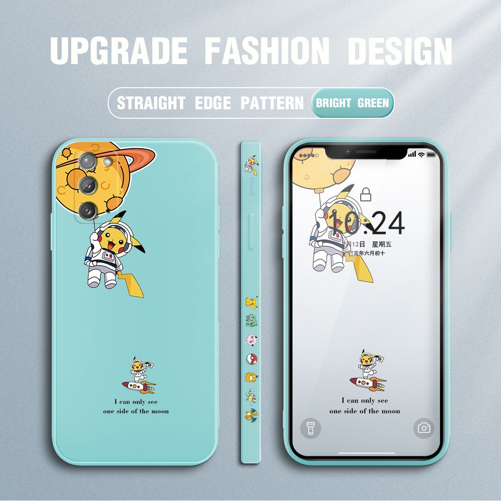 Jizetin for Samsung Galaxy Note 20 Case Side Design Phone Cover Cute Astronaut Pikachu Cover Square Edge Pattern Liquid Silicone Trend Case