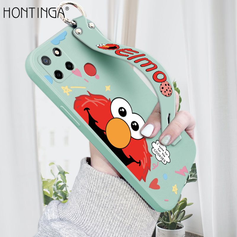 Hontinga for Realme C25s Wrist Strap Case Cute Cute Cartoon Little Monster Phone Cover Square Edge Liquid Silicone Case Full Cover Camera Shockproof Protective Cases