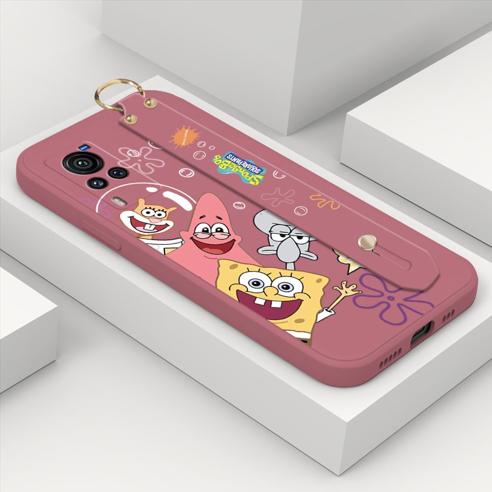 ZeroQiQi for Vivo X60 Pro 5G Wrist Strap Case Cute Cute Funny Cartoon Sponge for Square Pants Cover Square Edge Liquid Silicone Anti-drop Phone Case