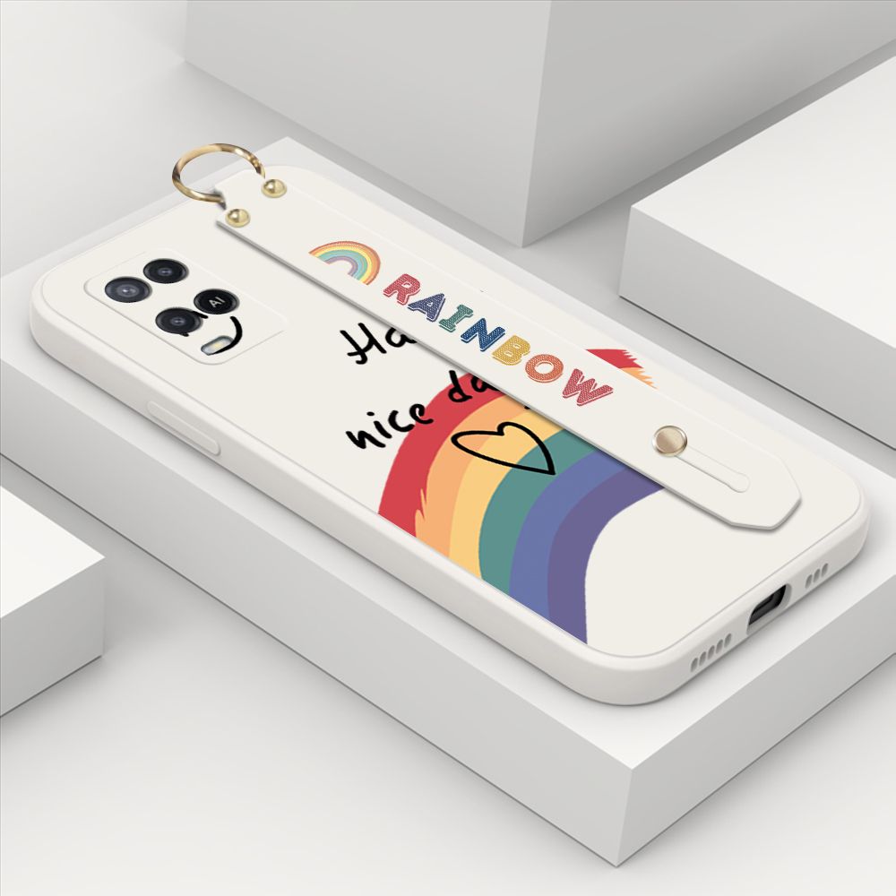 ZeroQiQi for OPPO A54 2021 Wrist Strap Case Lovely Graffiti Rainbow Smile Thin Phone Cover Square Edge Liquid Silicone Creativity Phone Case