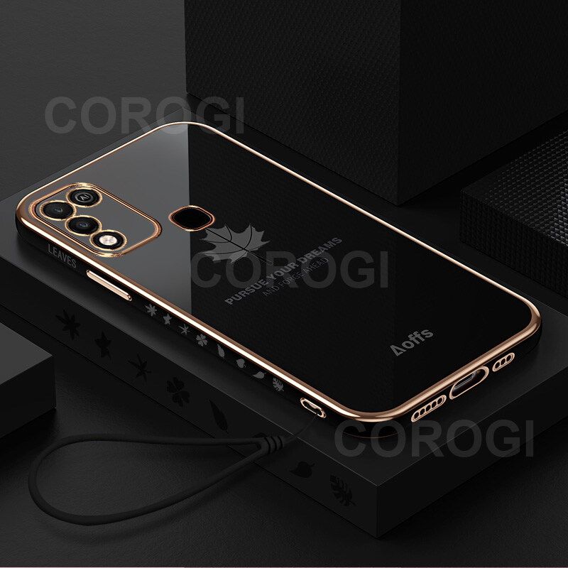 For Infinix Hot 11 Play Back Cover + Wrist Strap Fashion Shiny Maple leaf Plating Square Bumper Phone Case Soft TPU Silicone Shockproof Protective Cover