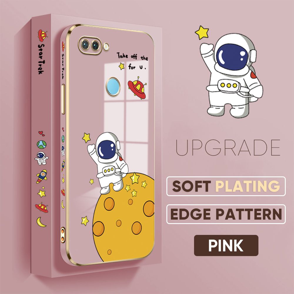 TA for OPPO F9 / Realme U1 / Realme 2 Pro Back Cover + Free Lanyard Planet Astronaut Luxury 6D Plating Case Side Pattern Soft Silicone Square Phone Cases