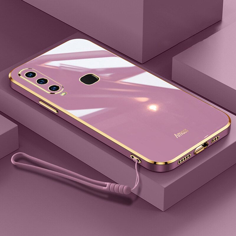 For Vivo Y15 Back Cover + Wrist Strap Luxury Shiny Plating Square Shockproof Bumper Camera Lens Protection Soft TPU Silicone Phone Case