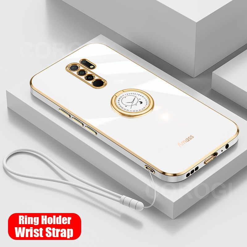 For Xiaomi POCO M2 Reloaded Back Cover with Ring Holder Stand + Wrist Strap Shiny Plating Square Bumper Protective Case Soft Silicone Shockproof Mobile Phone Cases