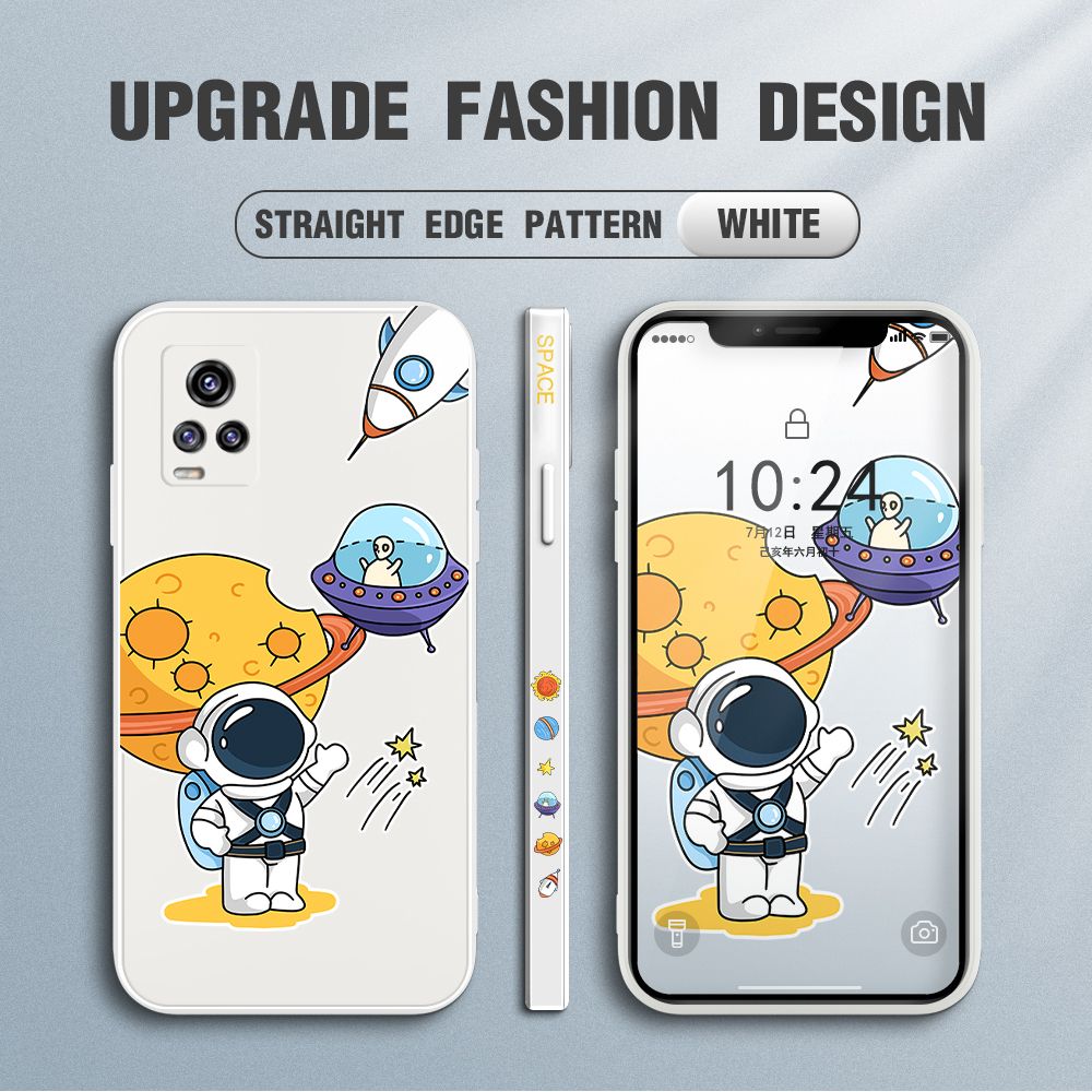 Jizetin for Vivo V20 / V20 2021 Case Side Design Phone Cover Moon Space Astronaut Cover Square Edge Pattern Liquid Silicone Trend Case
