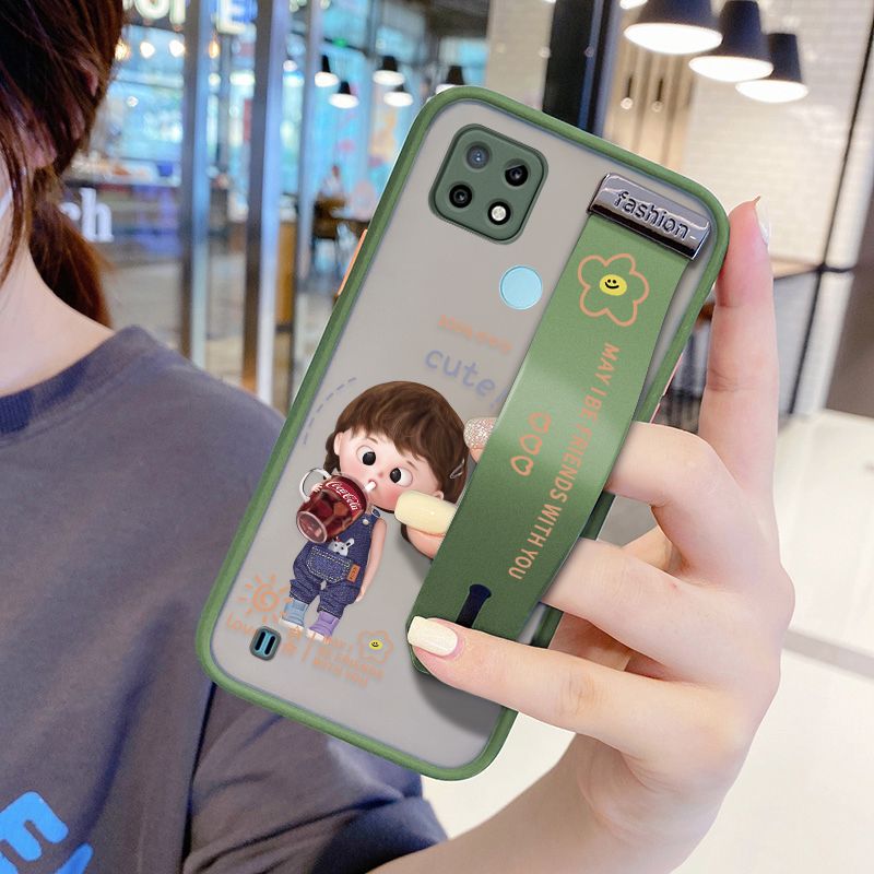 UCUC for Realme C21 Wrist Strap Case Girl Drinking Cola Wristband Printing Cover Shockproof Ultra Thin Phone Case