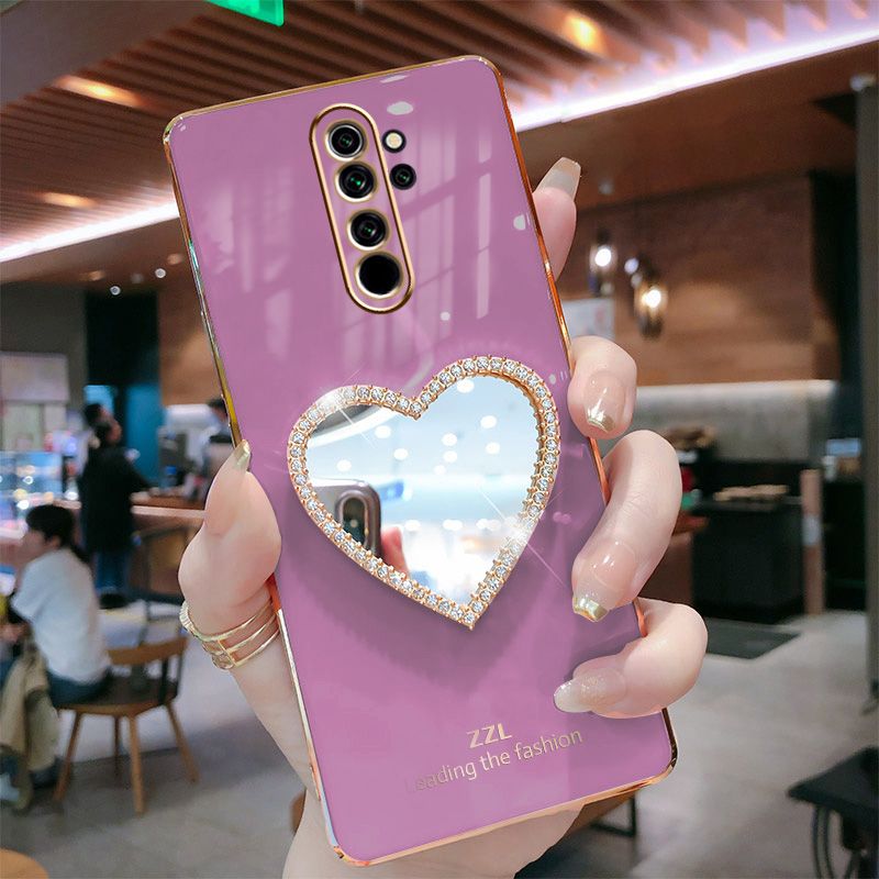 For Xiaomi Redmi 9 Cover with Makeup Mirror Shiny Plating Square Bumper Girls Phone Case Soft TPU Silicone Shockproof Protective Back Cover