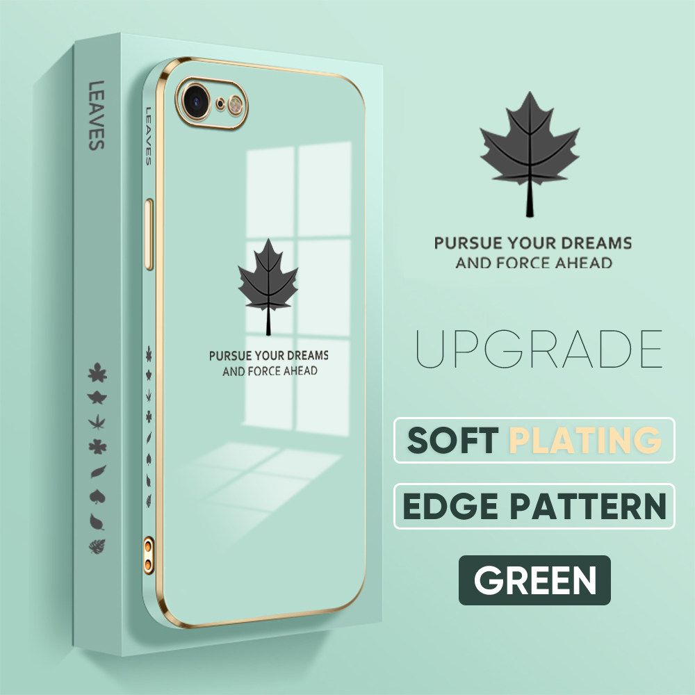 Jizetin (Free Lanyard) iPhone 7 / iPhone 8 / SE 2020/ SE 2022 Case Luxury 6D Plating Soft Casing Silicone Square Frame Phone Case Shiny Bling Back Cover Maple leaf New design Side Drawing Case