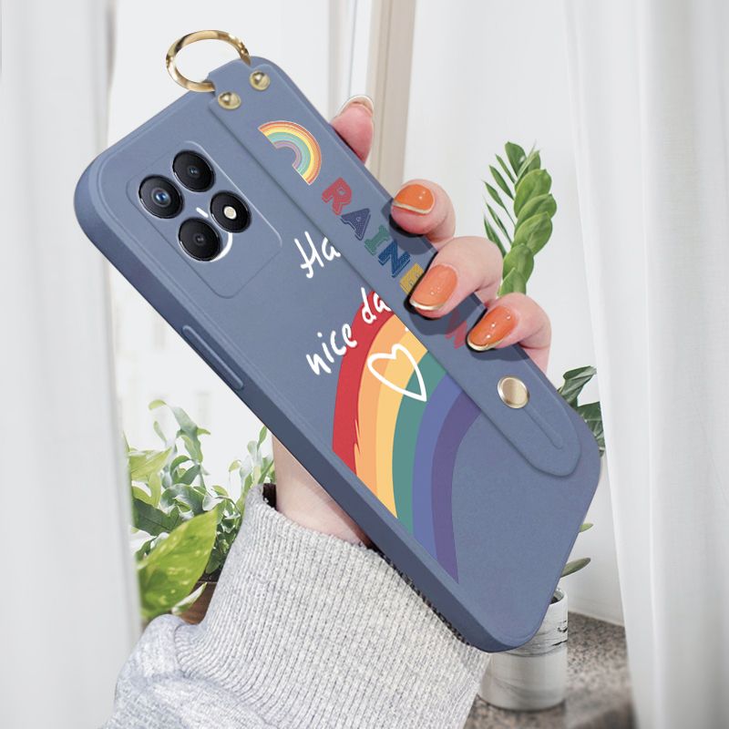 Jizetin for Realme Narzo 50 / Realme 8i Back Cover Rainbow Smile Girls Wrist Strap Phone Case Candy Color shock proof Protective Phone Cases
