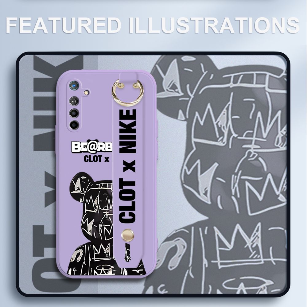 UCUC for OPPO K5 Wrist Strap Case Creative Cartoon Black Stitching Bear Cover Ultra Thin Anti Fall Liquid Silicone Phone Case