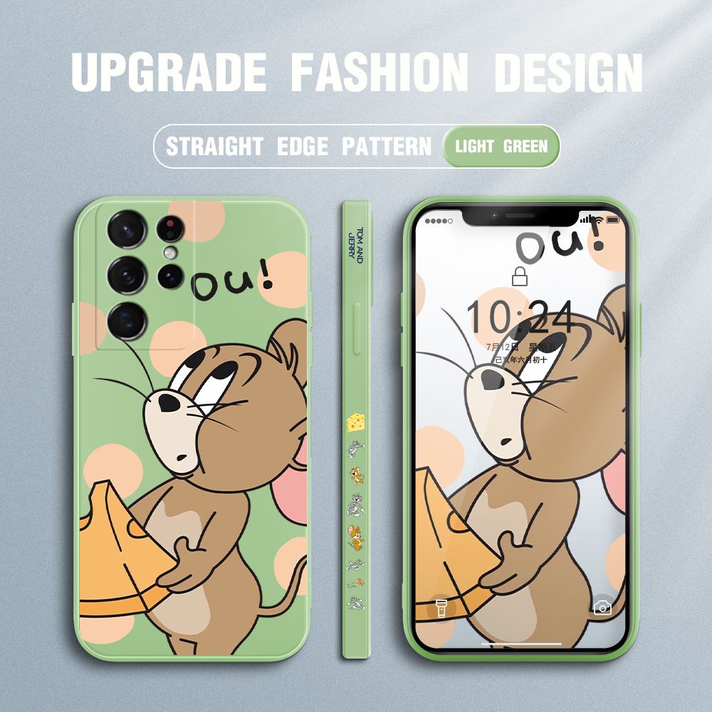 Jizetin for Samsung Galaxy S21 Ultra 5G Case Tom and Jerry Design Side Design Phone Case Square Edge Pattern Liquid Silicone Cases Full Cover Camera Shockproof Protective Case