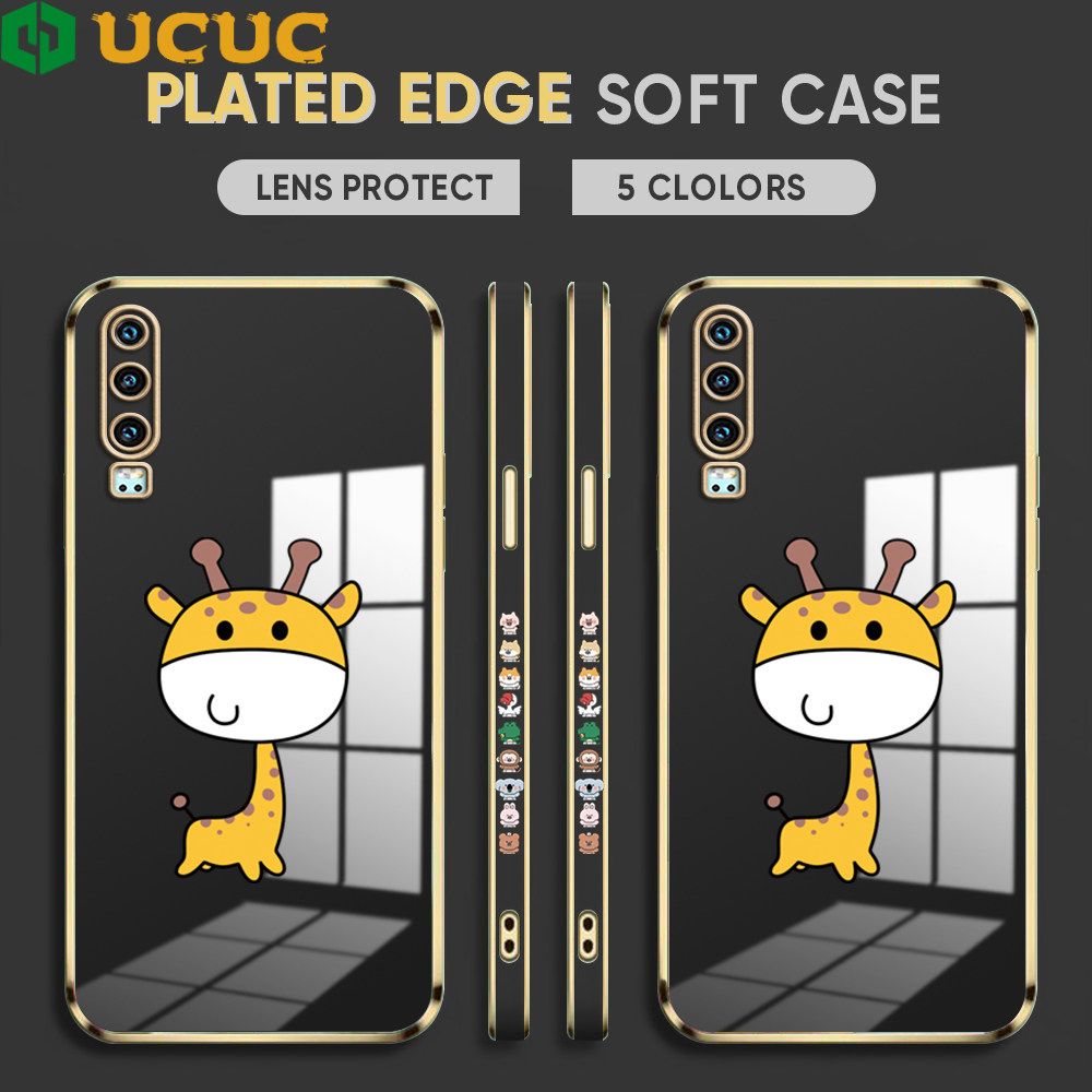 UCUC for Huawei P30 Back Cover + Free Lanyard Big Head Giraffe Luxury 6D Plating Case Side Pattern Soft Silicone Square Phone Cases