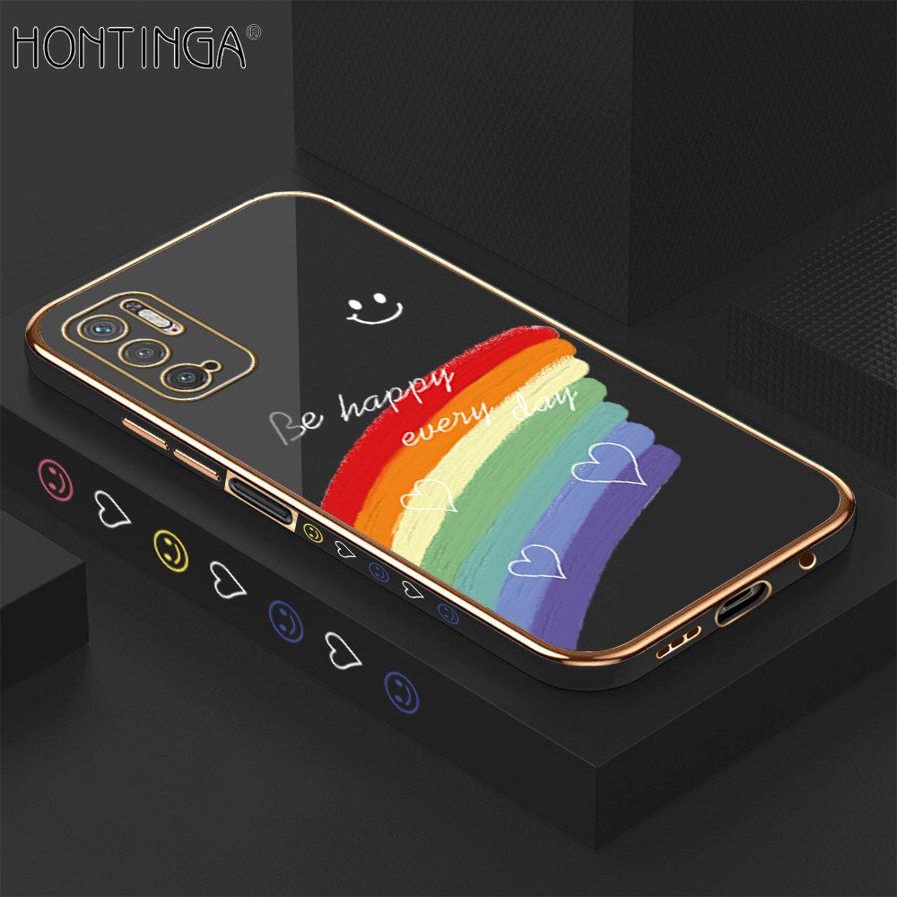 Hontinga for Xiaomi Poco M3 Pro 5G Back Cover Luxury 6D Plating Cartoon Rrainbow Side Pattern Case Soft Silicone Square Phone Cases