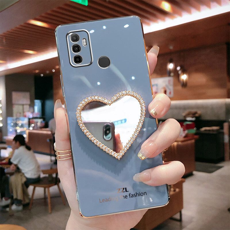 For OPPO A53 2020 / A33 2020 Cover with Makeup Mirror Shiny Plating Square Bumper Girls Phone Case Soft TPU Silicone Shockproof Protective Back Cover