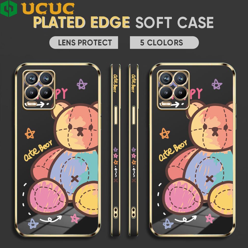 UCUC for Realme 8 4G / Realme 8 Pro Back Cover + Free Lanyard Colorful Muppet Bear Luxury 6D Plating Case Side Pattern Soft Silicone Square Phone Cases