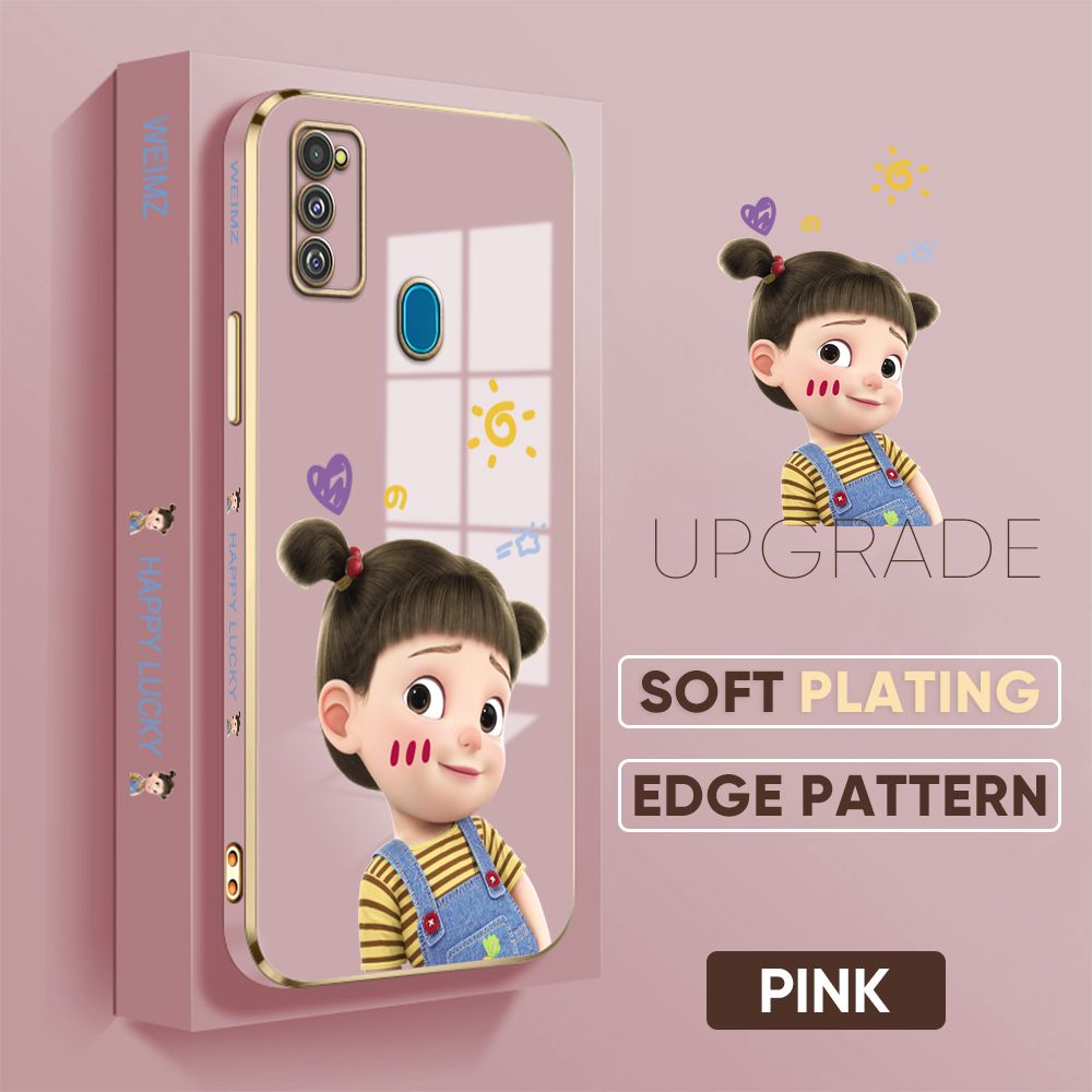 TA for Samsung Galaxy M21 M30S Back Cover + Free Lanyard Naughty Girl Luxury 6D Plating Case Side Pattern Soft Silicone Square Phone Cases