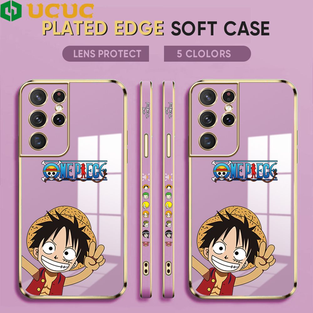 UCUC for Samsung Galaxy S21 Ultra 5G Back Cover + Free Lanyard Wave Luffy Luxury 6D Plating Case Side Pattern Soft Silicone Square Phone Cases