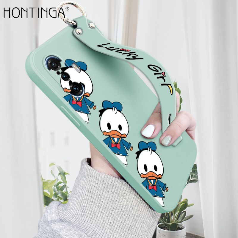 Hontinga for Xiaomi Poco F3 GT / Redmi K40 Gaming Wrist Strap Case Cute Cartoon Little Duck Cover Trend Square Printed Pattern Liquid Silicone Phone Case