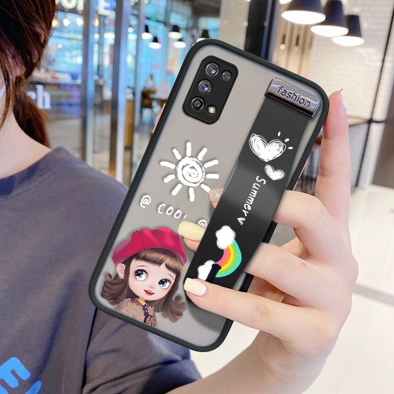 UCUC for Realme 7 Pro Wrist Strap Case Lovely Cartoon Red Hat Girl Wristband Printing Cover Shockproof Frosted Phone Case