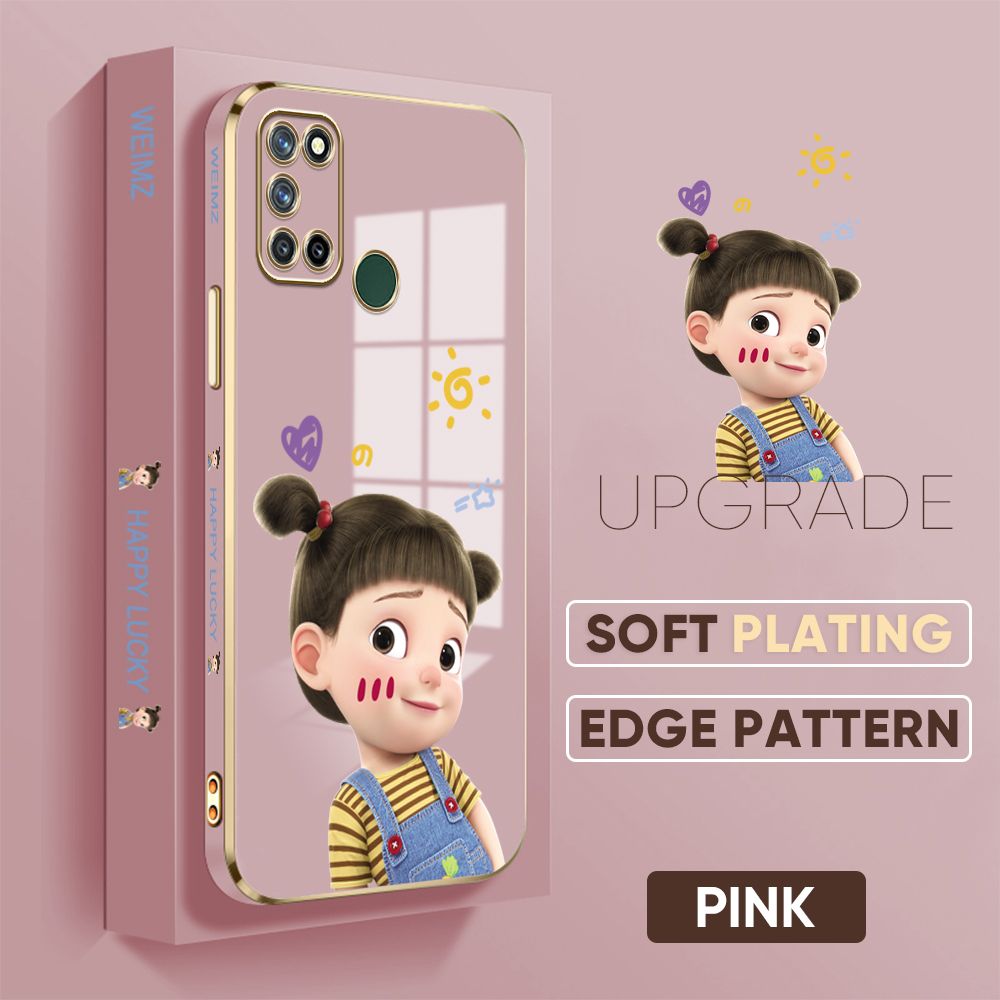TA for Realme 7I Realme C17 Back Cover + Free Lanyard Naughty Girl Luxury 6D Plating Case Side Pattern Soft Silicone Square Phone Cases