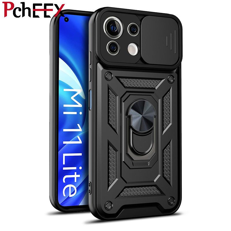 For Xiaomi Mi 11 4G / 5G Phone Case, Military-Grade Push Window Cover Ring Stand Hard Anti-Fall Casing