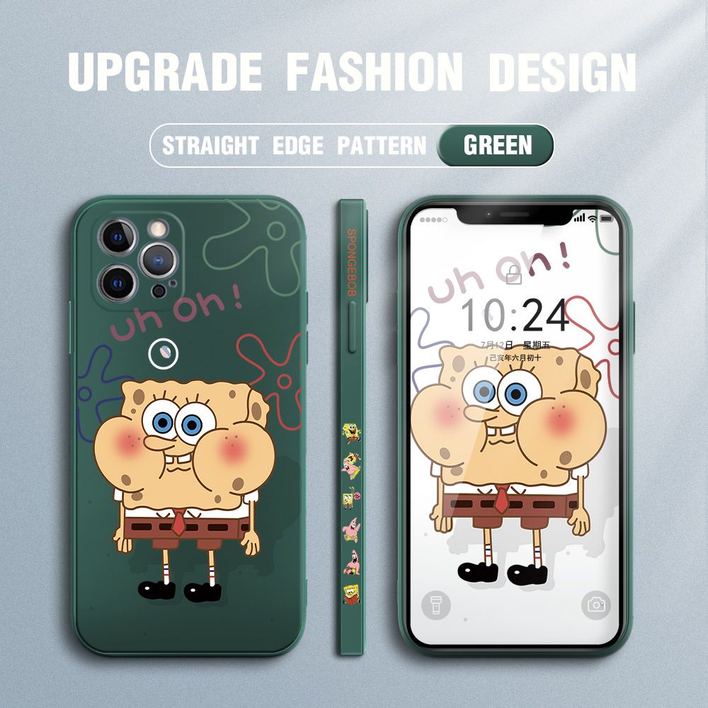 Jizetin for iPhone 12 Pro Max Case Side Design Phone Cover New Cartoon SpongeBob SquarePants Cover Square Edge Pattern Liquid Silicone Trend Case