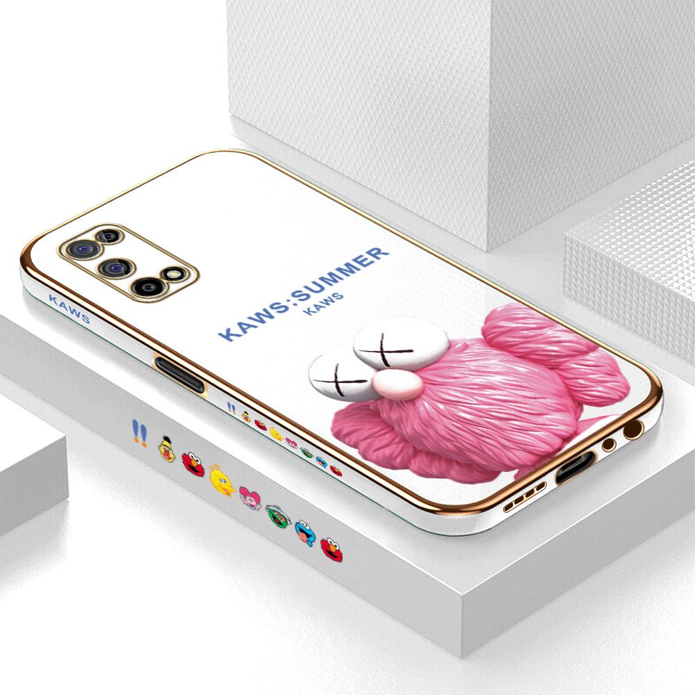 Luxury 6D Plating Soft Casing Silicone Square Frame Phone Case For Realme 7 5G Case Shiny Bling Back Cover Cartoon Pink Doll Square Edge Pattern Design Soft Case + Free Lanyard
