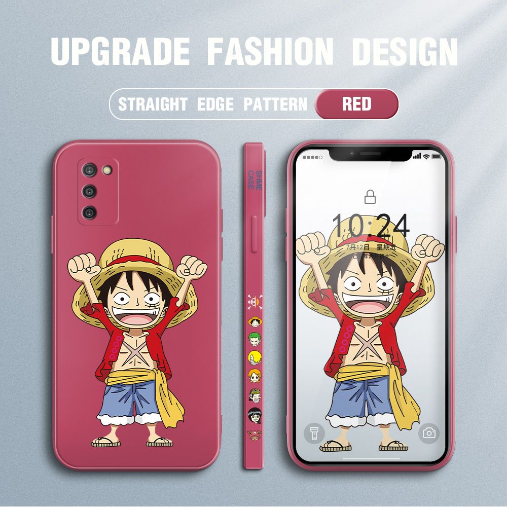 Jizetin for Samsung Galaxy A03S Case Anime One-Piece Monkey D. Luffy Anime Side Design Phone Case Square Edge Pattern Liquid Silicone Cases Full Cover Camera Shockproof Protective Case