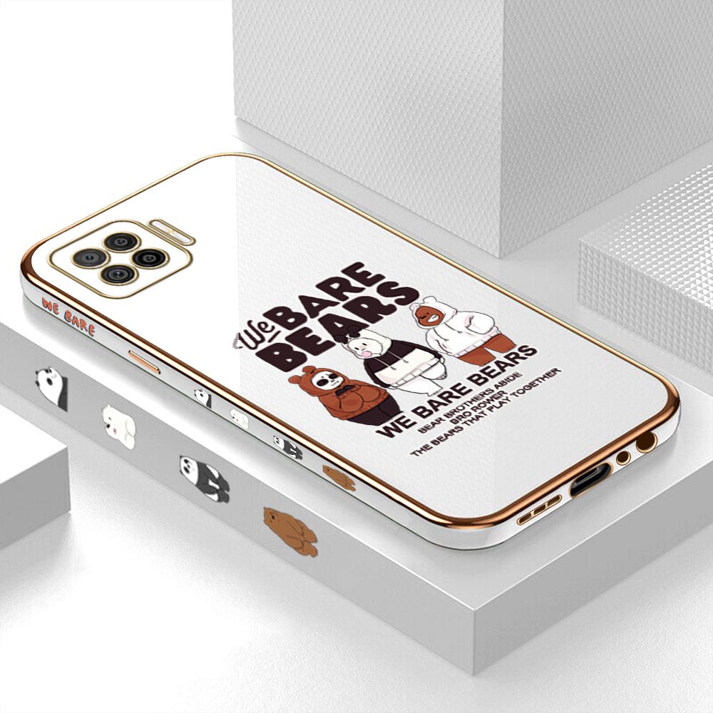 Luxury 6D Plating Case for OPPO F17 A73 2020 Three Little Bears Side Pattern Back Cover Soft Silicone Square Phone Cases + Free Lanyard