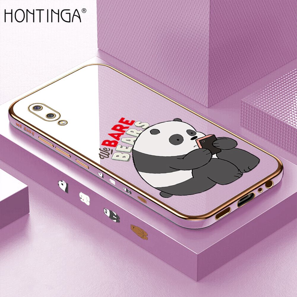 Hontinga for Samsung M02 A02 Back Cover + Free Lanyard Luxury 6D Plating Cute Cartoon Panda Side Pattern Case Soft Silicone Square Mobile Cover