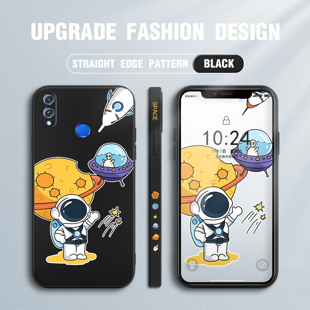 Jizetin for Honor 8X Case Side Design Phone Cover Moon Space Astronaut Cover Square Edge Pattern Liquid Silicone Trend Case