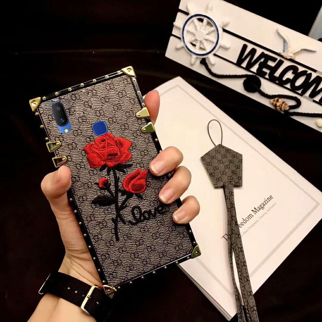 Luxury Embroidery 3D Rose Flower Phone Case for VIVO Y91 / Y95 Y17 Y15 Y12 Y19 Y50 Y30 Y20 Y20S Y20i Y12S Y12i Y91C V9 Y85 Y30i S1 V11 V15 V11i Y93 Y66 Y67 Pro Y11 Soft Silicone Plating Border Metal Rivet Square Back Cover + Strap