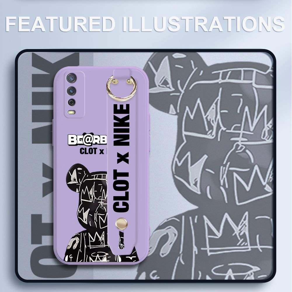 UCUC for Vivo Y20S Wrist Strap Case Creative Cartoon Black Stitching Bear Cover Ultra Thin Anti Fall Liquid Silicone Phone Case