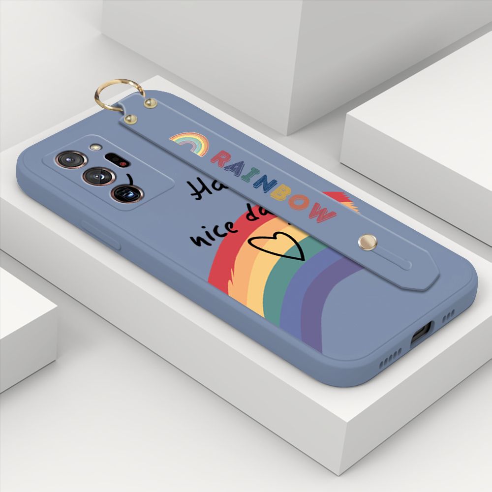 ZeroQiQi for Samsung Galaxy Note 20 Ultra Wrist Strap Case Lovely Graffiti Rainbow Smile Thin Phone Cover Square Edge Liquid Silicone Creativity Phone Case