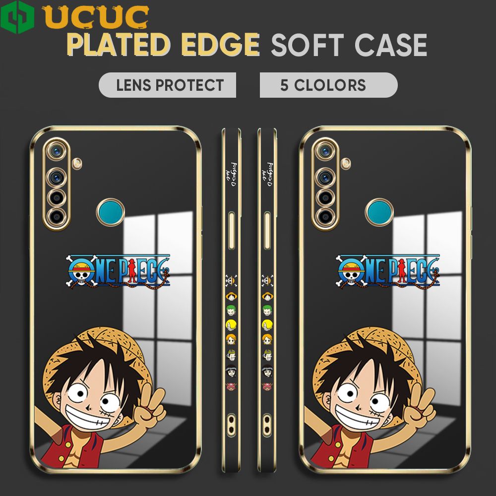 UCUC for Realme 5 5i 5s 6i Back Cover + Free Lanyard Wave Luffy Luxury 6D Plating Case Side Pattern Soft Silicone Square Phone Cases