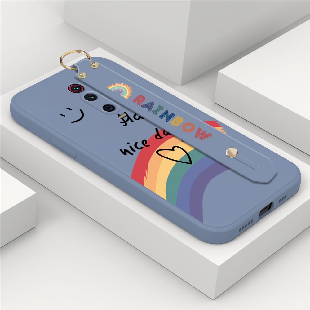 ZeroQiQi for Xiaomi Mi 9T Wrist Strap Case Lovely Graffiti Rainbow Smile Thin Phone Cover Square Edge Liquid Silicone Creativity Phone Case