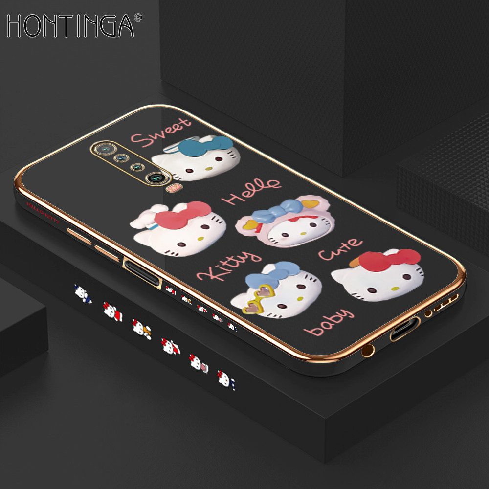 Hontinga for Redmi K30/Xiaomi Poco X2 Back Cover + Free Lanyard Luxury 6D Plating Cartoon Cute Kitty Side Pattern Case Soft Silicone Square Phone Cases
