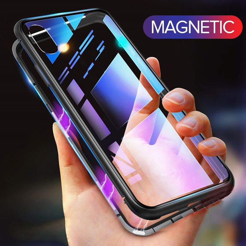 For Samsung Galaxy A10S A20S A20 A30 A50 A50S A30S A70 A6 A7 A8 A9 J4 J6 Plus 2018 A6+ A8+ J4+ J6+ Magnetic Adsorption Case Metal Frame Flip Transparent Tempered Glass Protection Scratchproof Back Cover (No glass in front)