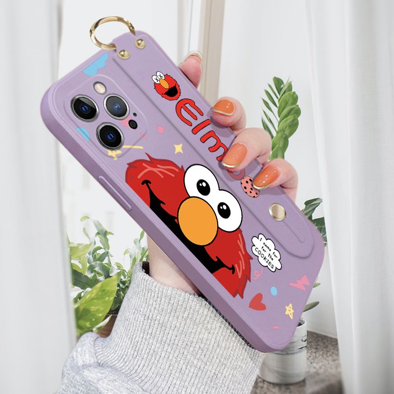 Jizetin for iPhone 12 Pro Wrist Strap Case Creative Cartoon Red Haired Monster Cover Ultra Thin Anti Fall Liquid Silicone Phone Case