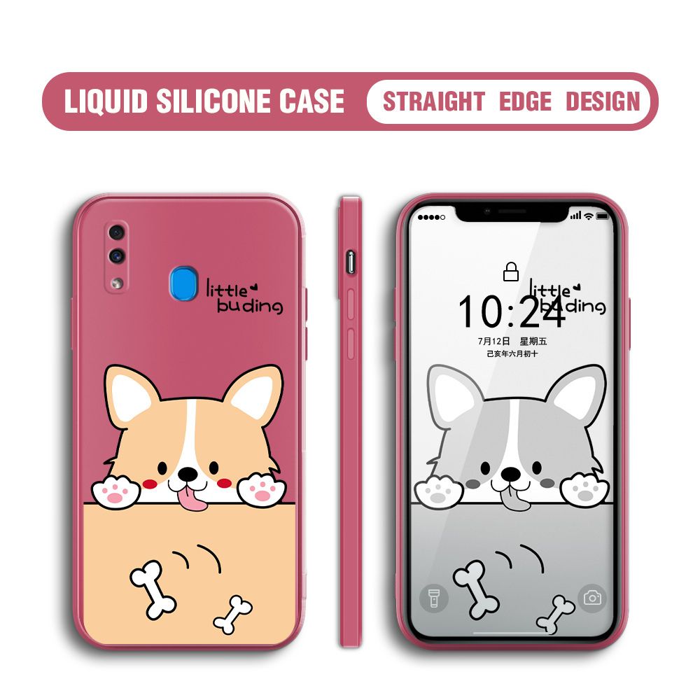 BILI for Samsung Galaxy A20 / A30 Back Cover Corgi and Bones Multicolor Liquid Silicone Phone Case Soft Square Lens Protection Phone Cases